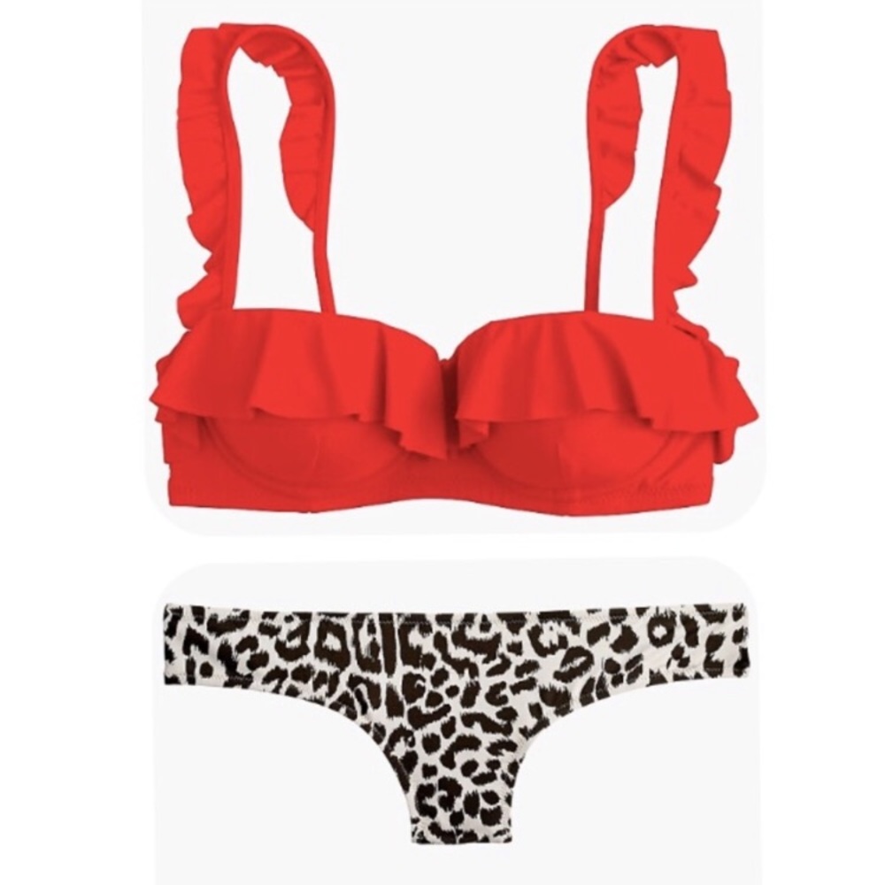 J. Crew Ruffle Underwire Surf Hipster Leopard Bikini Size 32C/XS NWT